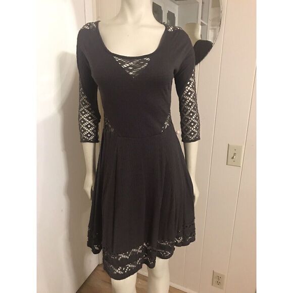 Free People Womens Small To The Point Mini Dress Gray Fit & Flare Lace Cut Outs - Picture 1 of 8